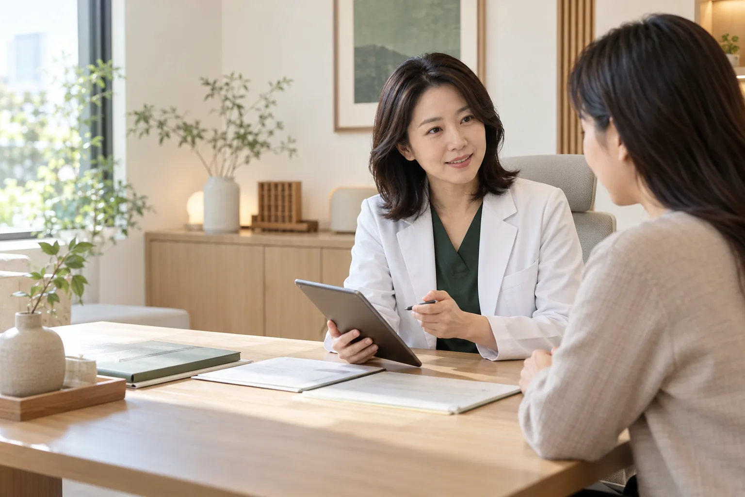 여성 한의사가 교통사고 환자에게 자동차보험 진료비와 지급보증 절차를 설명하는 장면