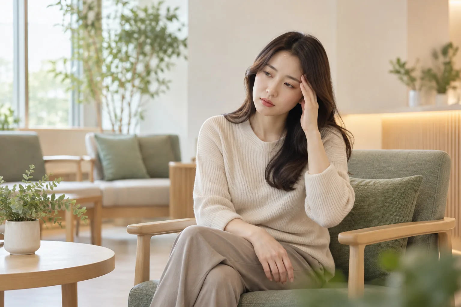 교통사고 뒤 두통과 어지럼을 느끼며 조용히 상태를 살피는 환자