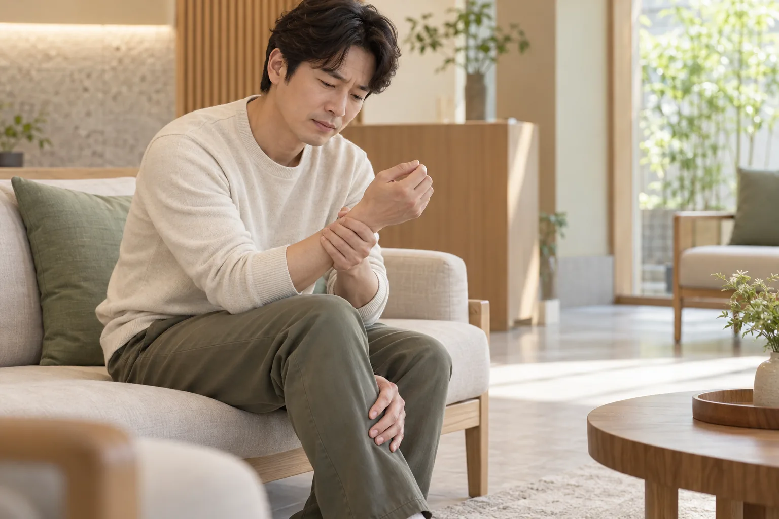 교통사고 후 손목과 무릎의 불편을 차분히 살피는 환자