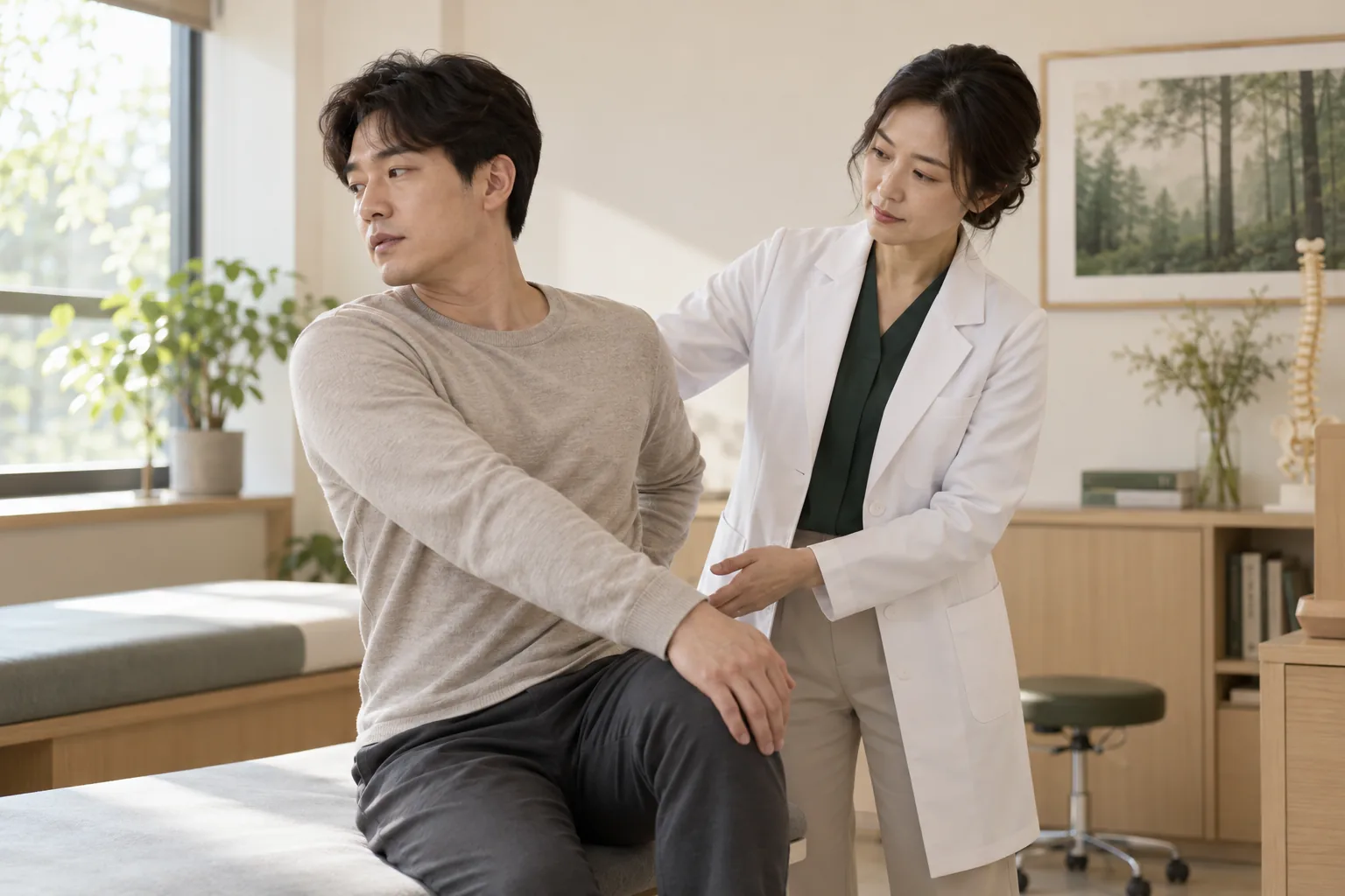 여성 한의사가 교통사고 후 목과 허리 통증이 있는 환자의 몸통 움직임을 확인하는 장면