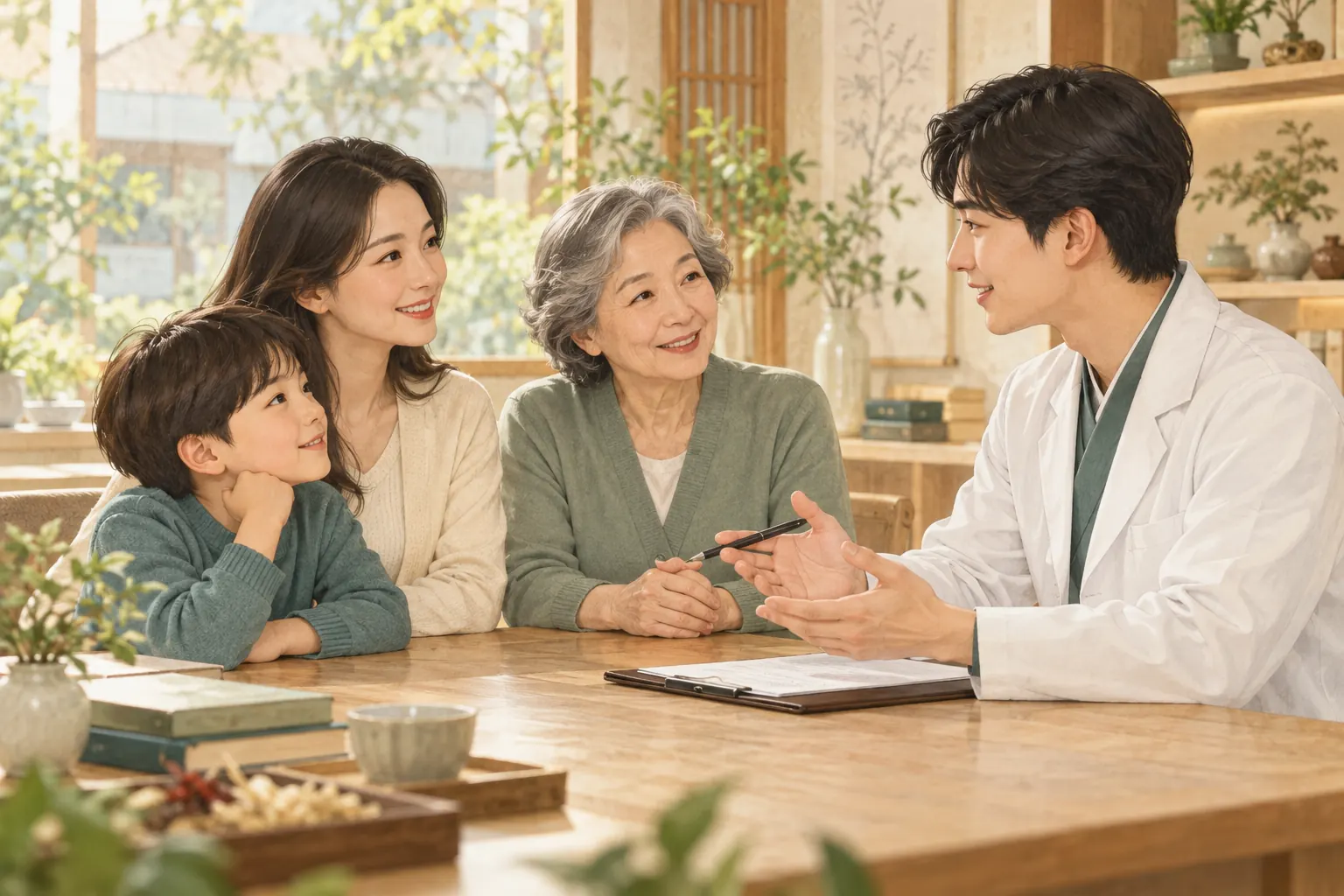 아이부터 어른까지 건강 상태를 함께 상담하는 진료 모습