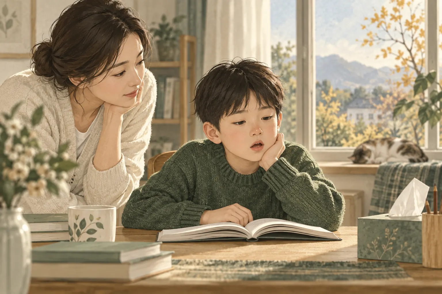 코가 불편한 아이를 집에서 살피는 보호자의 일러스트