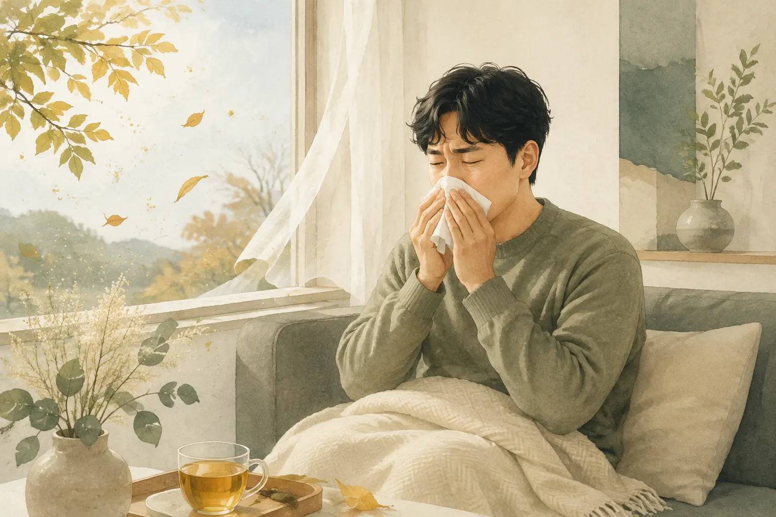 환절기 창가에서 재채기하는 성인을 표현한 일러스트
