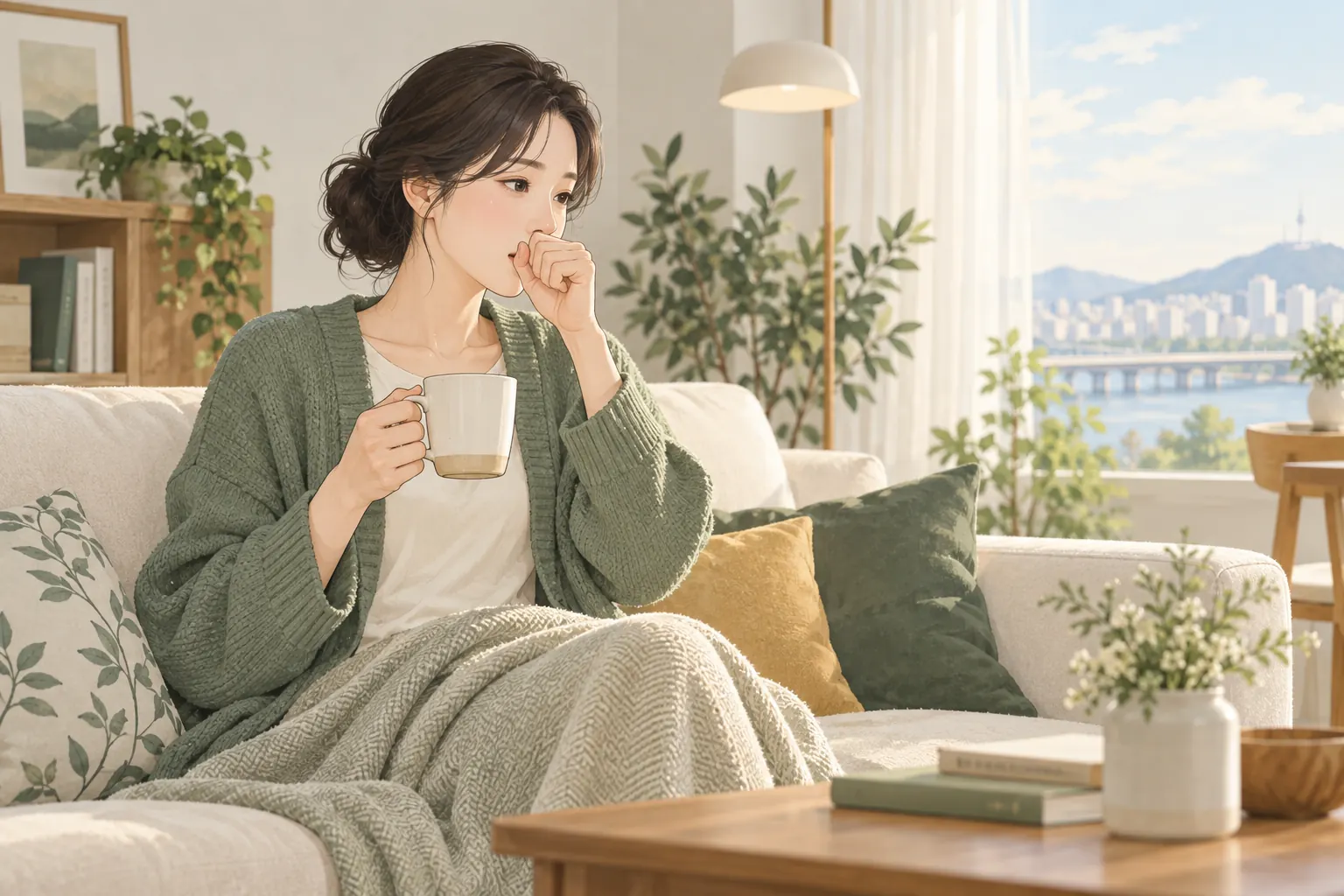 감기 뒤 남은 기침으로 따뜻한 물을 마시는 성인 일러스트