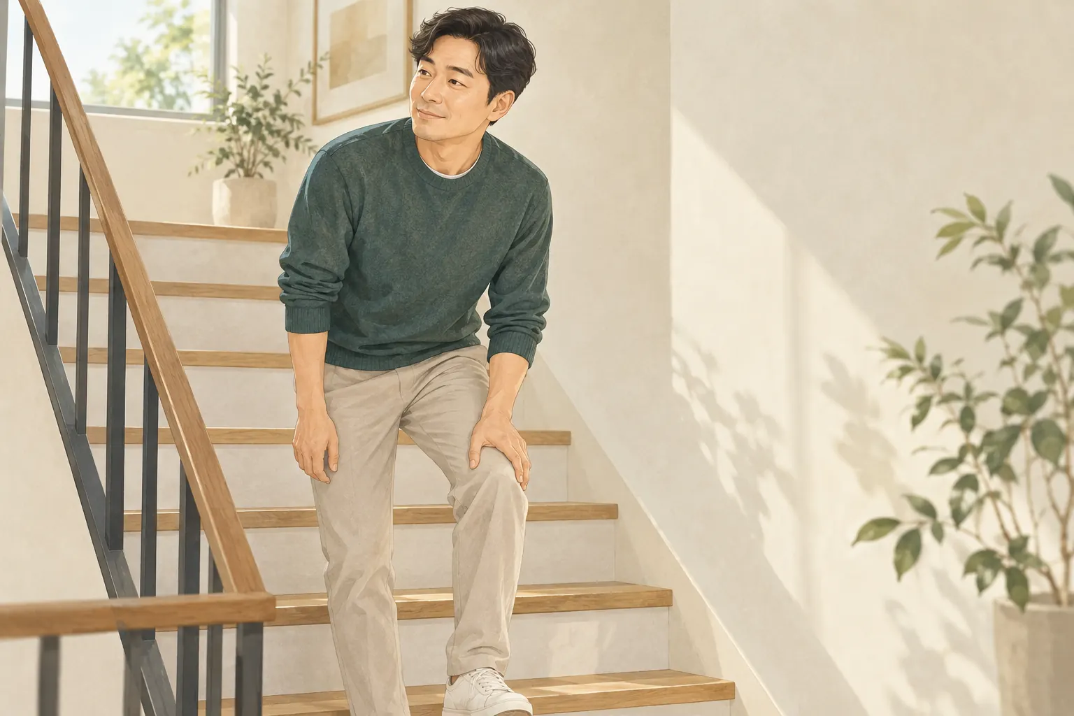 계단에서 무릎 소리를 느끼고 상태를 살피는 성인 일러스트