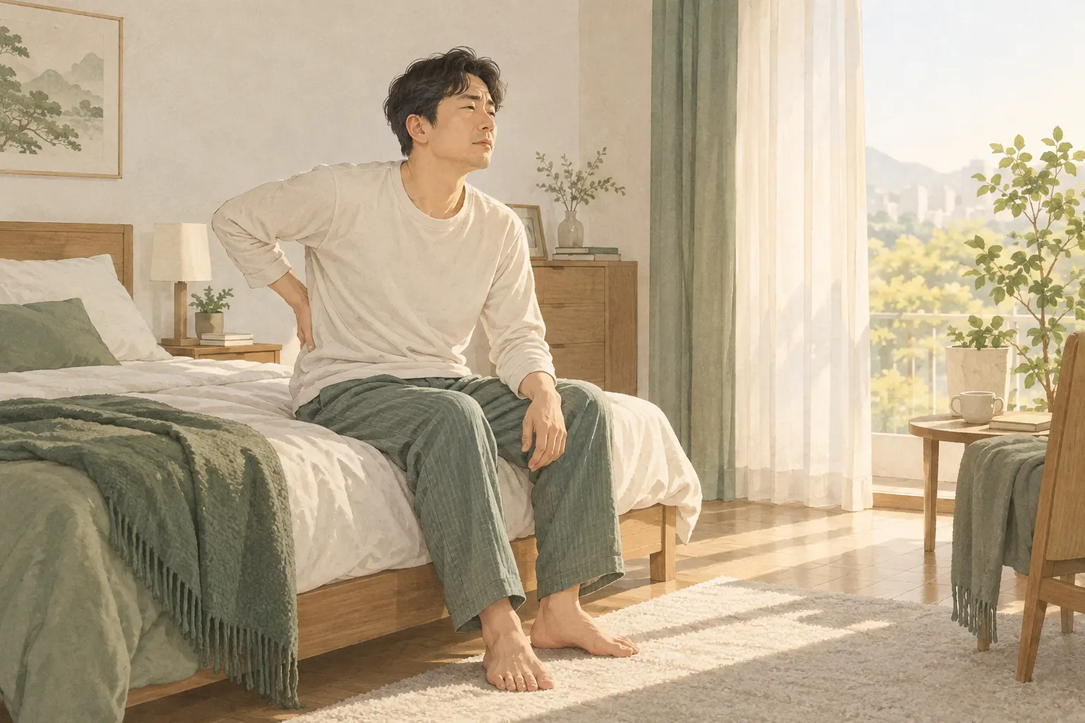아침에 일어나 침대 가장자리에 앉아 묵직한 허리를 살피는 성인 일러스트