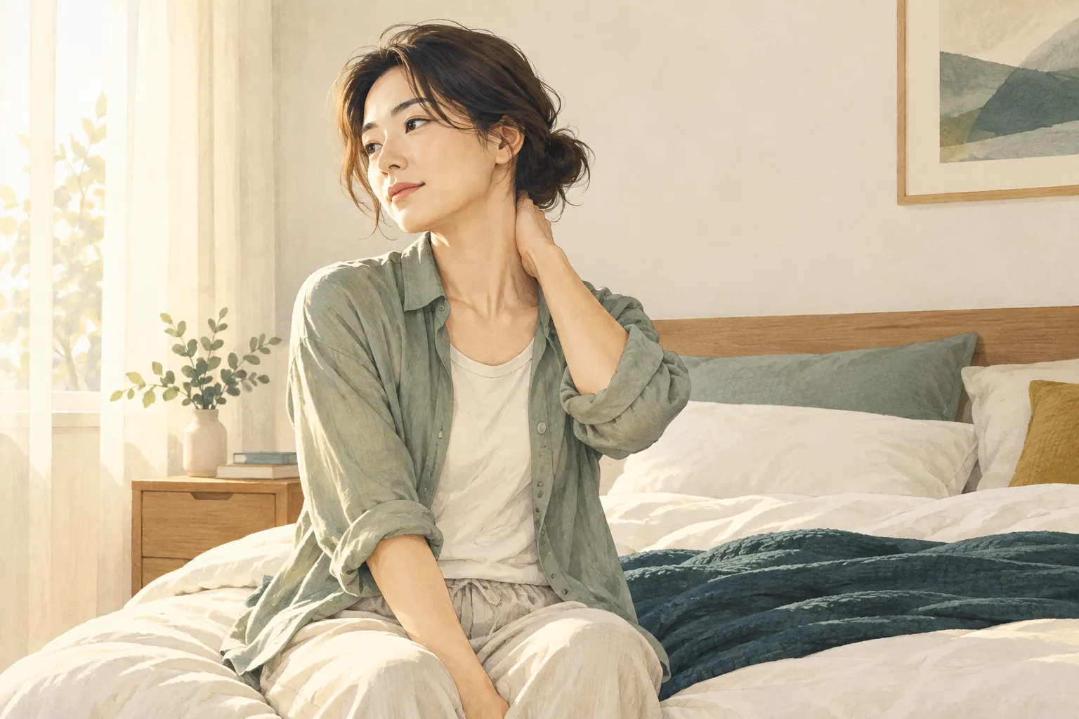 아침에 침대 가장자리에 앉아 뻣뻣한 목을 살피는 성인 일러스트
