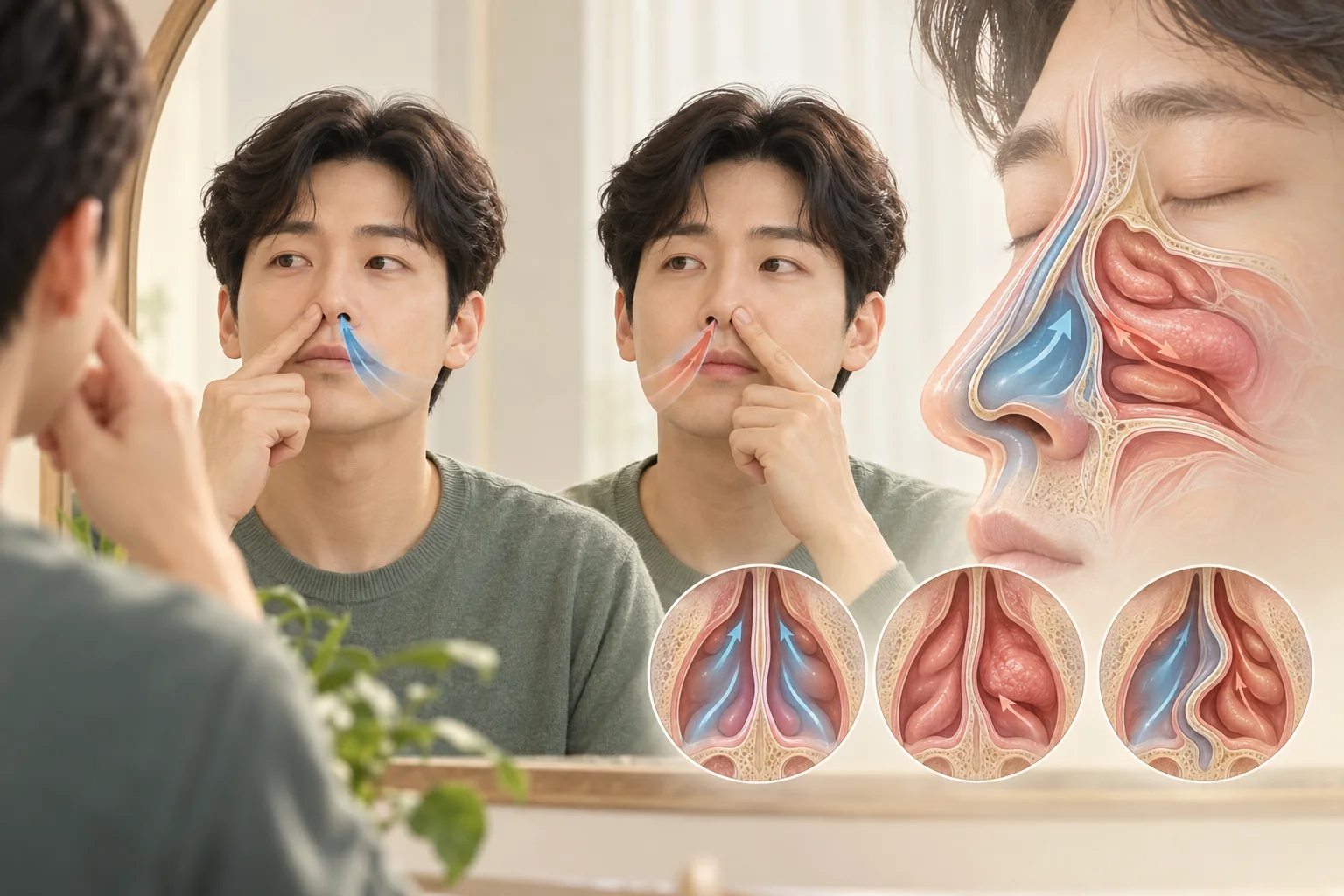 거울 앞에서 양쪽 코의 호흡 차이를 확인하는 성인과 비강 구조 일러스트