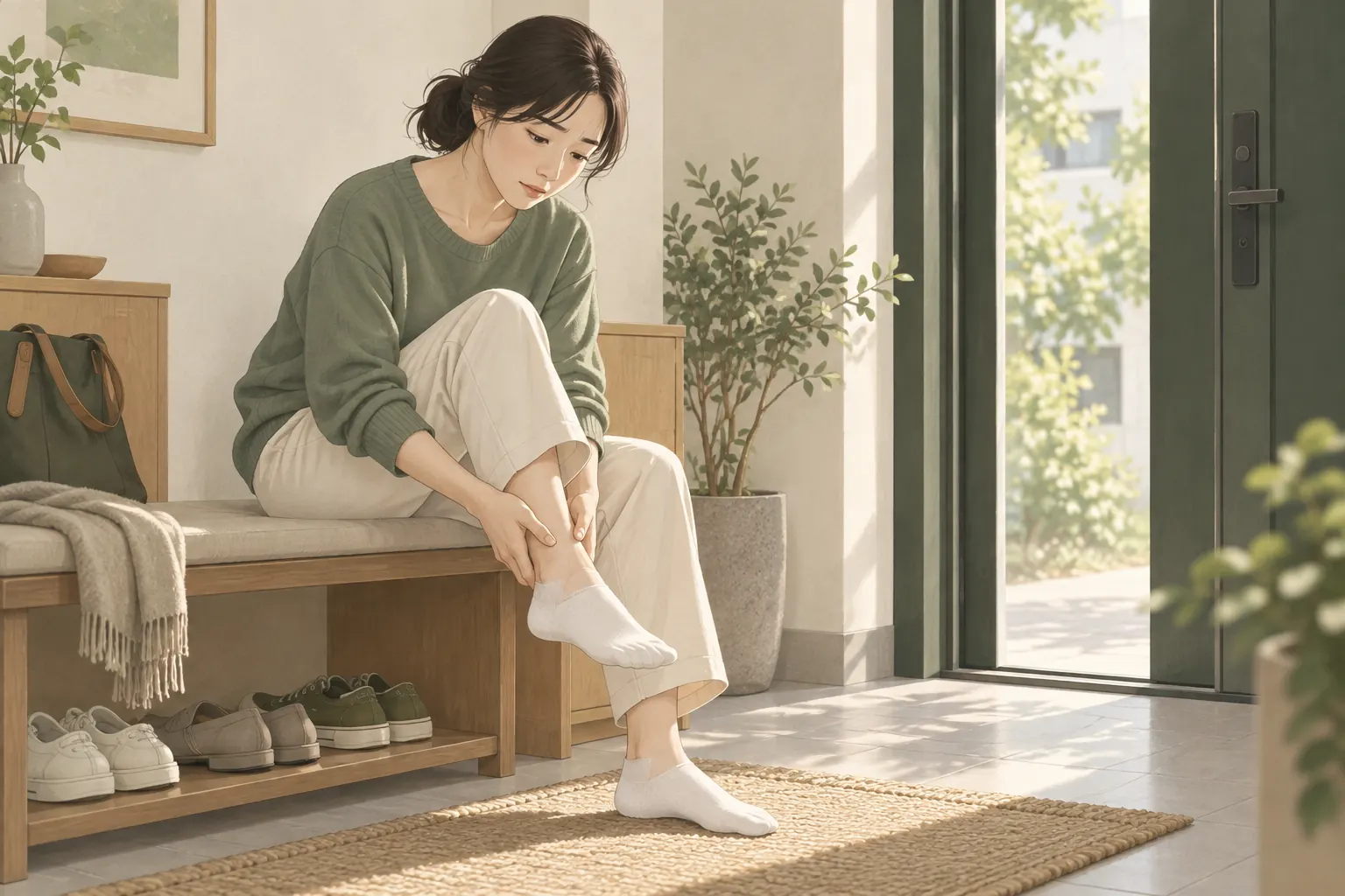 오래전 다친 발목의 불편을 살피는 성인 일러스트