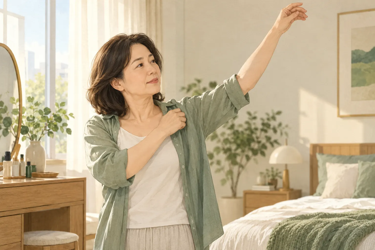 거울 앞에서 불편하지 않은 범위까지 팔을 들어보는 성인 일러스트