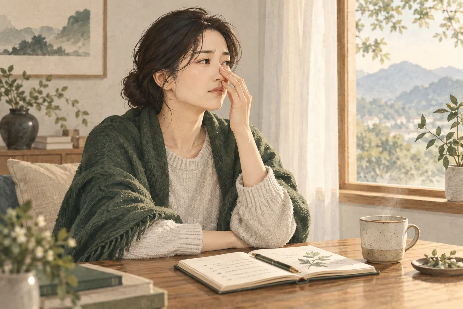 코막힘과 얼굴의 불편을 기록하는 성인 일러스트