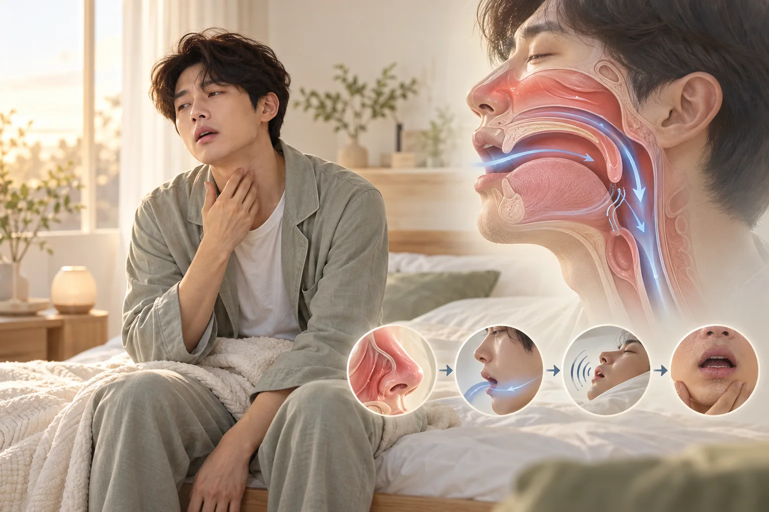 아침 입마름을 느끼는 성인과 코에서 목으로 이어지는 호흡 통로 일러스트