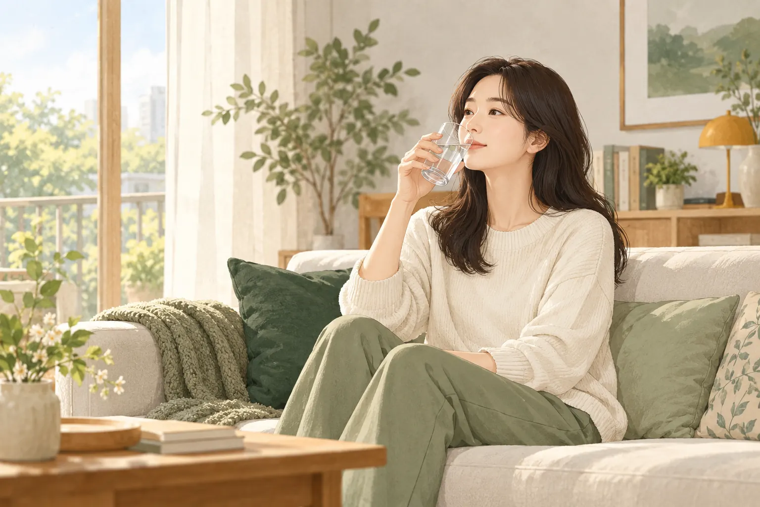 목의 불편으로 물을 마시는 성인 일러스트