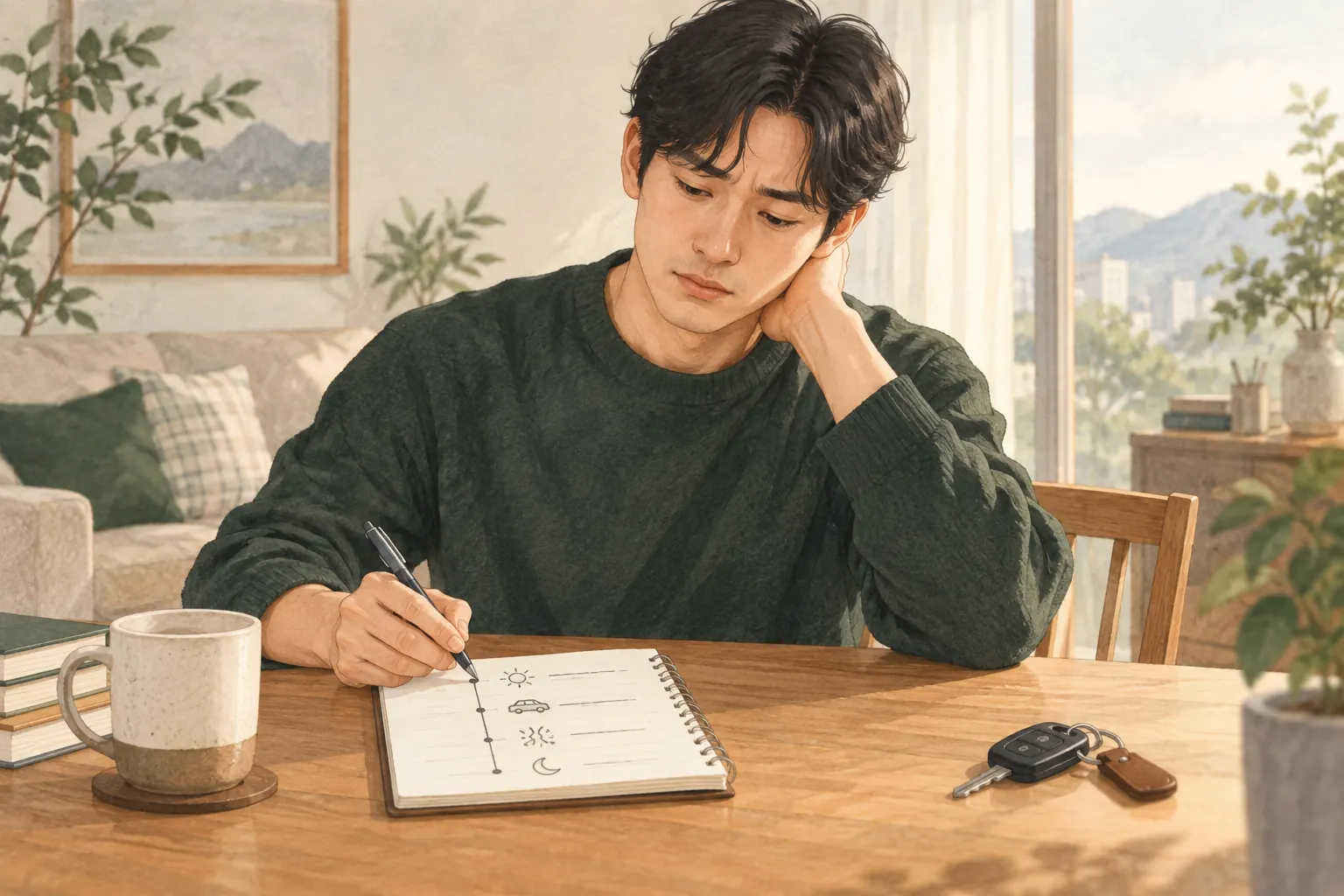 교통사고 뒤 목의 불편과 증상 변화를 기록하는 성인 일러스트